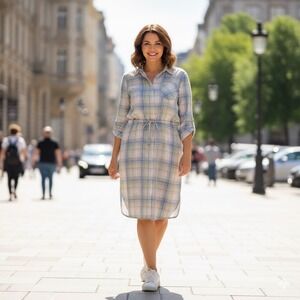 Lauren Ralph‎ Lauren Plaid Shirt Dress Women 8 White Blue Pink Tan Long Sleeves